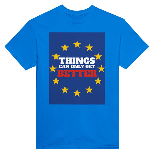 Things Can Only Get Better EU T-shirt in blue - anti-tory election wear